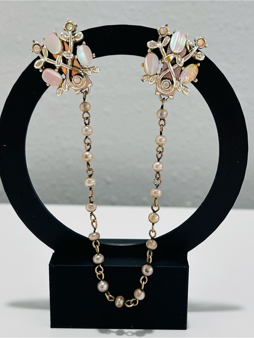 Vintage Mother of Pearl Sweater Clips Guard Faux Pearl Chain Rhinestone Silver